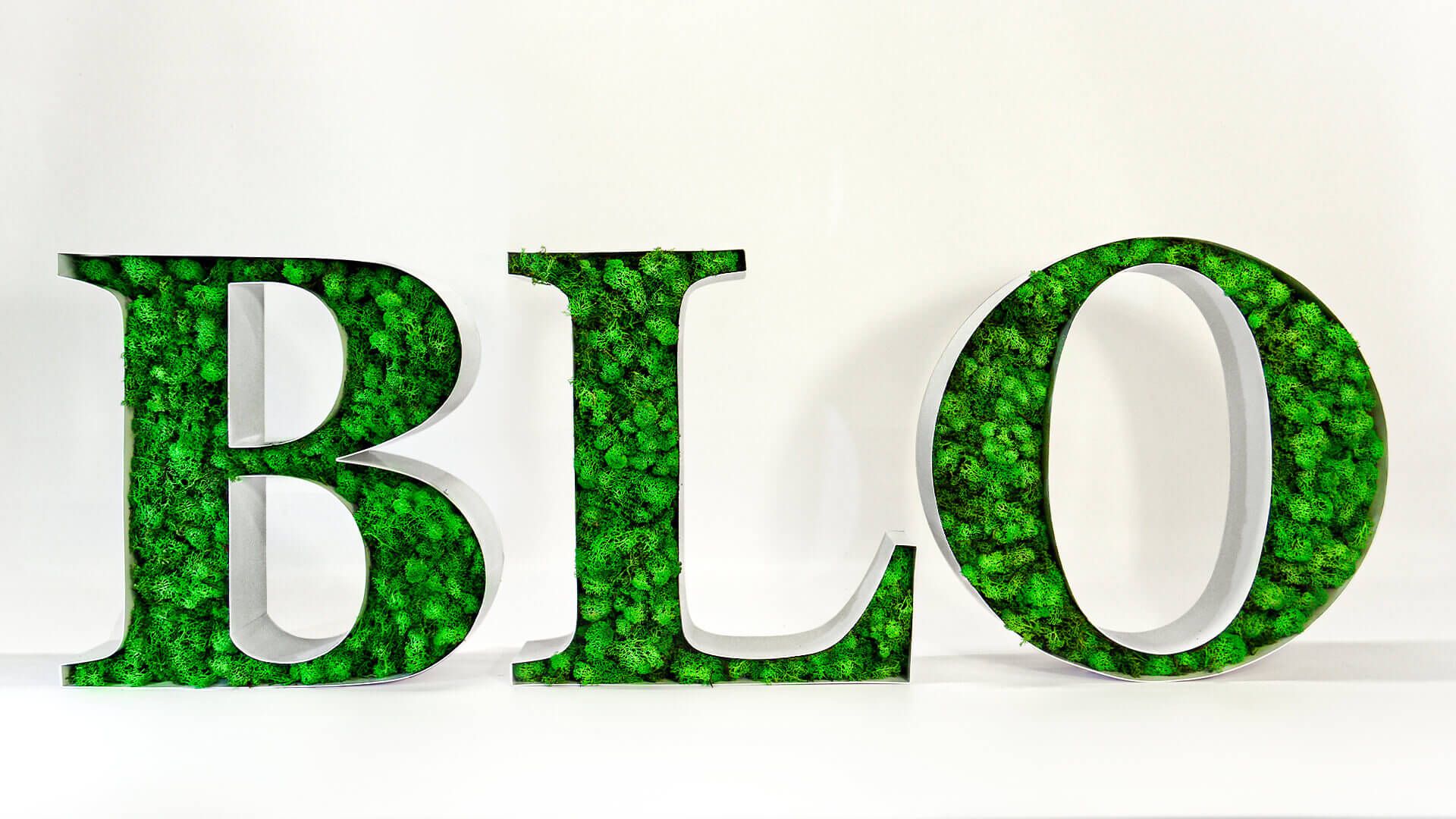 Lettere decorative BLO - Lettere decorative BLO, riempite di muschio.