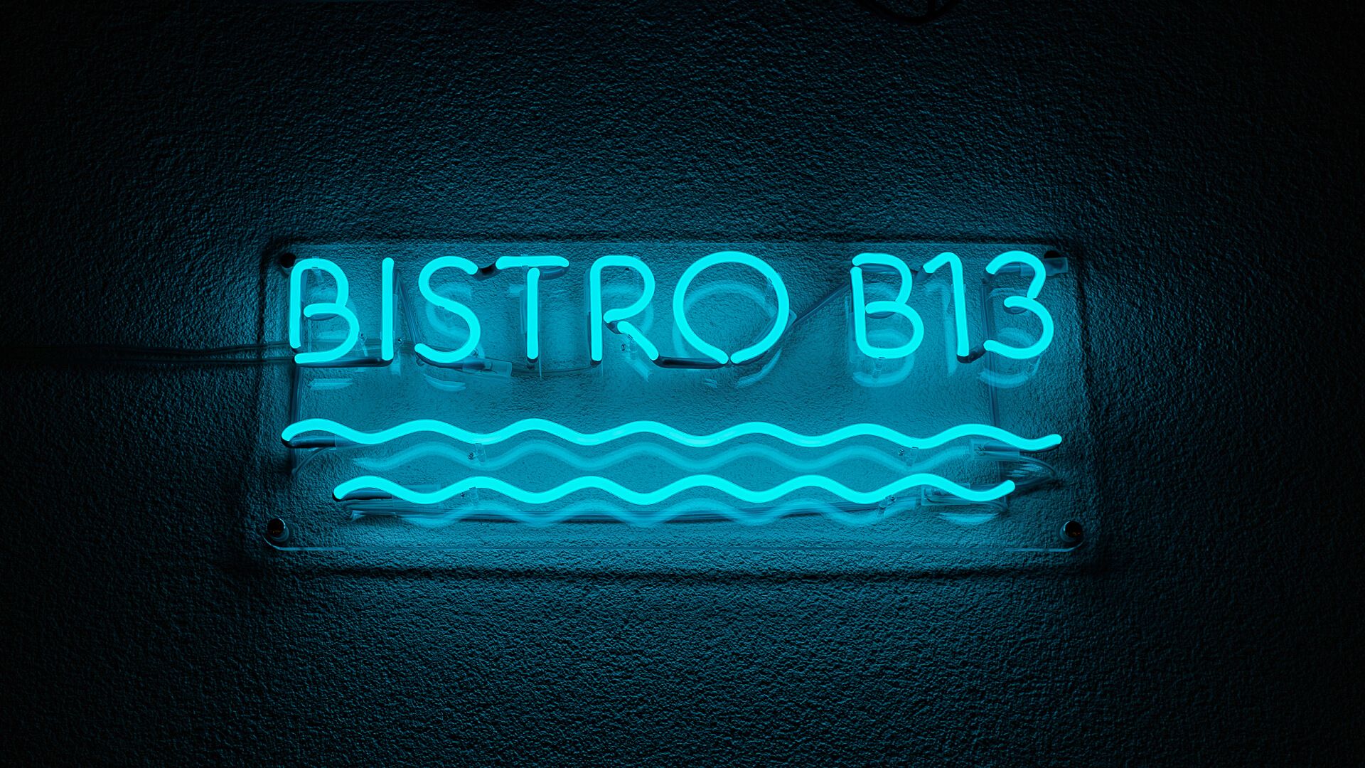 Bistro B13 - Insegna al neon blu bistrot, con onde sotto la scritta.